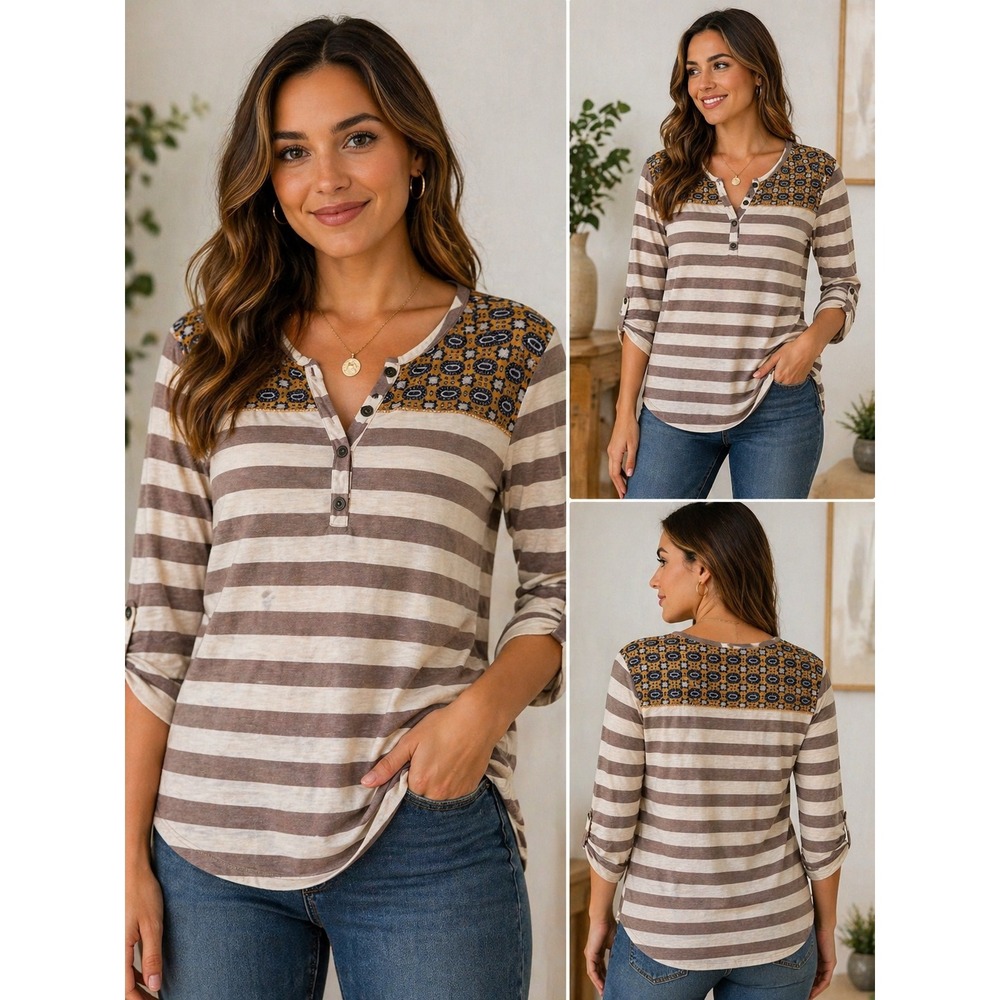 Style & Co Mixed Media Top Womens XS Brown White Stripe Boho